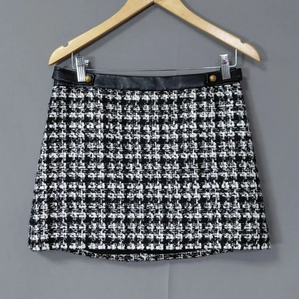 Alice + Olivia Classics Faux Leather Tweed Houndstooth Skirt Women Size 8